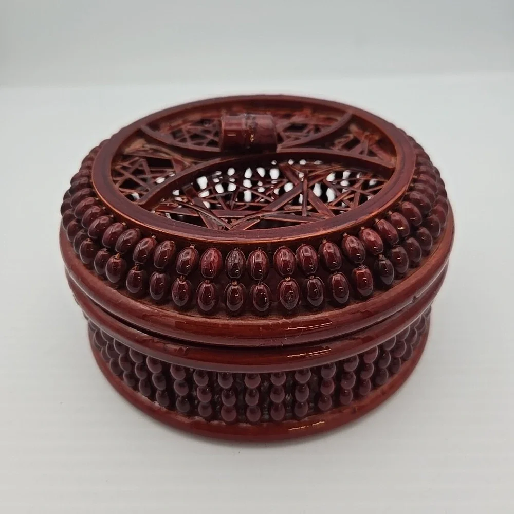 Vintage Red Tone Lacquered Bamboo Tea Basket Trinket‎ Box